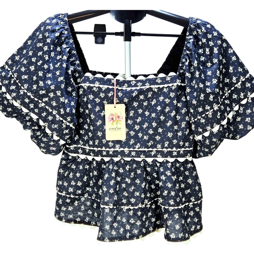 Women's Entro NWT Large Navy Floral Milkmaid Puff Sleeve‎ Top Tiered Cottagecore